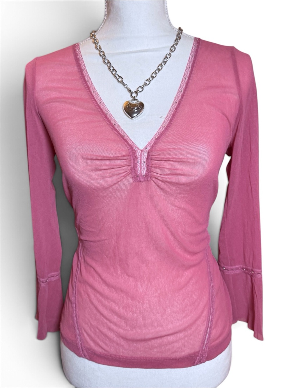 LACE TRIM PINK MESH Y2K TOP BELL SLEEVE 💕💓